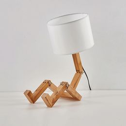 Robot Shape Wooden Table Lamp E27 Lamp Holder 110-240V Modern Cloth Art Wood Desk Table Lamp Parlour Indoor Study Night Light