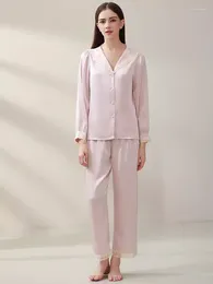 Home Clothing Lace Flower Trim Pure Silk Pajamas Set 2Pcs Pyjamas Sleepwear