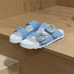 Slippers 2024 Summer Casual Fashion Round Toe Shoes Women Concise Crystal Decor Genuine Leather Sapato Feminino