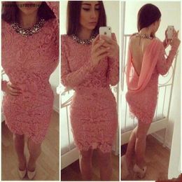 Party Dresses Coral Colour Short Prom Dress Sheath Long Sleeves Backless Lace Gown