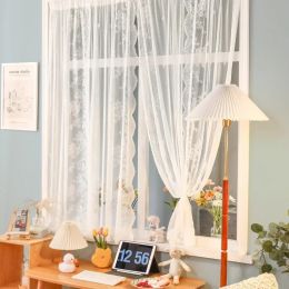 1PC French White Lace Curtain Voile Window Treatments for Living Room Bedroom Door Curtains Floral Tulle Drapes Balcony Screen