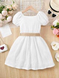 Girl's Dresses Girls Dresses Child Girl Summer Princess Dress Short Sleeved Plain Color Skirt with Belt Banquet Party Daily Clothing for Kids Girl 8-12Years C240413