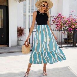 Casual Dresses Dress Printed Stylish Midi For Women A-line Loose Hem Pleated Vest Type Summer With Tight Waist Vacation