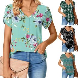 Women's Blouses V-neck Top Floral Printed Summer T-shirt Casual Loose Fit Petal Streetwear Pullover Short Sleeve For Women