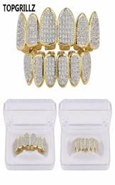 Hip Hop Iced Out CZ Gold Teeth Grillz Caps Top and Bottom Diamond Tooth Grillzs Set For Men Women Gift Grills9081414