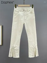 Women's Jeans Woman Bright Silk White Denim Ankle-Length Pants 2024 Spring Stretchy High Waist Slim Fit Crystal-Studded Sequins Bootcut