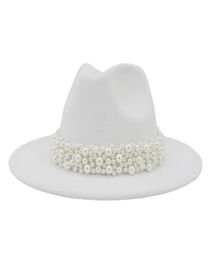 2020 Women Wide Brim Imitation Wool Felt Fedora Hats Fashion Church Party Female Dress Hat Pearl Ribbon Decor White Hat9686080