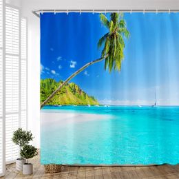Palm Tree Ocean Scenery Shower Curtains Beach Landscape Home Bathroom Decor Fabric Cloth Bath Curtain Bathtub Screen With Hook