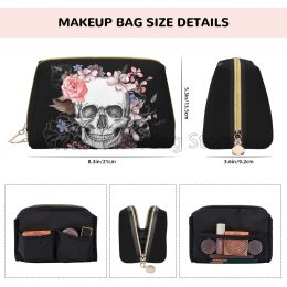 Vintage Grunge Gothic Skull Roses Floral Print Large Travel Makeup Bag Pouch Women Cosmetic Bags Leather Waterproof Toiletry Bag