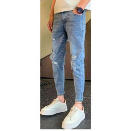 Autumn New Distressed Jeans Men's Trendy Brand Internet Celebrity Elastic Slim Fit Cropped Pants 1001B37P58