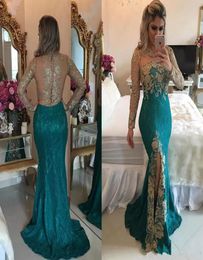 2018 Barbara Melo Vintage Lace Mermaid Prom Dresses Long Sleeve Gold Lace Applique Sexy Side Split Party Wear Formal Evening Gowns1373883