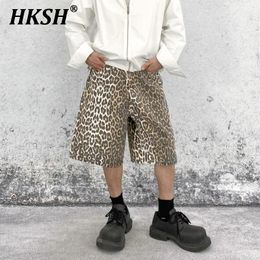 HKSH American High Street Retro Leopard Print Denim Shorts Mens Straight Casual Wide Leg Capris Fashion Denim Pants HK0513 240408