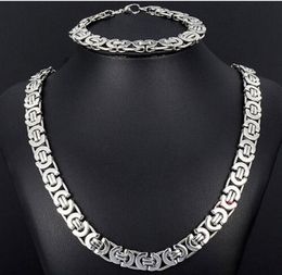 New Style Jewlery Set 8mm Silver Tone Flat byzantine chain necklace bracelet 316L Stainless Steel Bling for Fashion mens XMAS Gi4420253