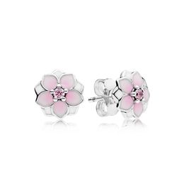 Pink magnolia Stud Earrings Original Box for 925 Sterling Silver Women Girls flowers Earrings retail Box sets6112606