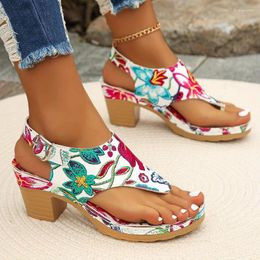 Dress Shoes Women's Floral Print Thong Sandals Fashion Ankle Strap Slingback Block Heels All-match Going Out Clip Toe