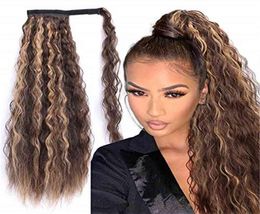 Curly Long Ponytail Synthetic piece Wrap on Clip Extensions Ombre Brown Pony Tail Blonde Fack Hair4945156