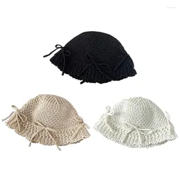 Berets 652F Crochet Bucket Hat With Bowknot Decals Summer Spring Floppy For Adult Teen Knitted Sun