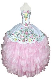 2017 New Sexy Pink Embroidery Ball Gown Quinceanera Dresses with Tiered Organza Plus Size Sweet 16 Dress Vestido Debutante Gowns B1860802