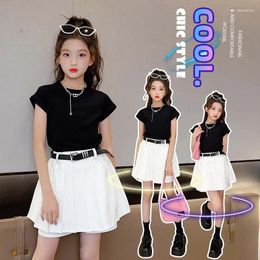 Clothing Sets Korean Summer Junior Girl 2PCS Clothes Set Teenager T-shirt O-neck Top Pleated Skirt Children Girls From 4-12Yrs