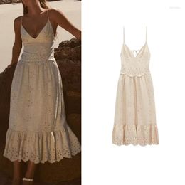 Casual Dresses French Embroidery Linen Blend Midi Skirt Dress Suspenders