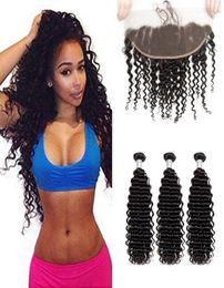 Human Hair Extensions Weft Brazilian Deep Wave Curly 3 Bundles With 13X4 Lace Frontal With Closure 4 Pieceslot9760677