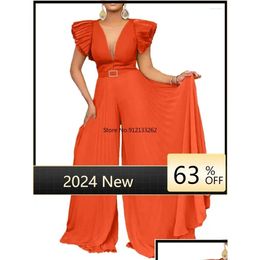 Ethnic Clothing Elegant Mesh Patchwork Pleated Wide Leg High Waist V-Neck Flare Sleeve Women Jumpsuit 2024 Summer Party Playsuit Drop Otk0U