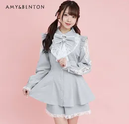 Work Dresses Japanese Mine Mass-Produced SC Dress Sets Sweet Cute Lace Bow Long Sleeve Shorts Lolita Two Piece Womens Outifits