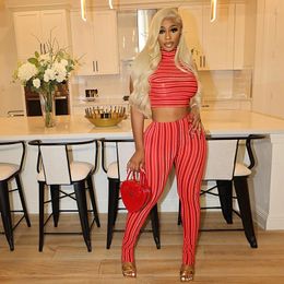 BUILDINGB Striped Printed Red Two Piece Set Women Casual Crop Tank Tops And Pencil Pants Matching 2024 Summer Fitness Tracksuits 240410