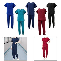 Women Uniform Scrub Set Short Sleeves with Multi Pockets Nurse Work Clothing Top and Pants for Beauty Center SPA Pet Shop