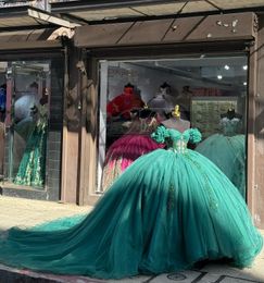 Turquoise green princess quinceanera dresses prom ball gown ruched off shoulder vestido de quinceanera lace appliques tulle 15 Masquerade Dress