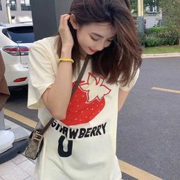 High quality designer clothing Summer Printed Strawberry T-shirt Trendy Academy Style Fashion Half Sleeve Womens Wear