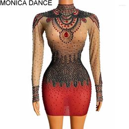 Stage Wear Black Red Rhinestone Transparent Short Mini Dress Bar Dancer Prom Show Outfit Evening Birthday Celebrate Party Dance Host