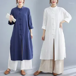 Ethnic Clothing Women Linen Jacket Long Robe Chinese Traditional Retro Kungfu Wushu Tai Chi Uniform Teaism Wear Casual Loose Outfits Gown