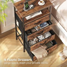 Night Stand,with Charging Station, 4 Drawer Dresser for Bedroom, Nightstand with Open Shelf,Night Stand