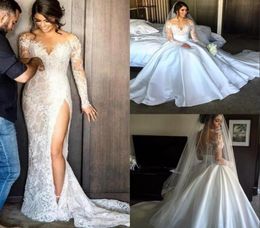 Split Lace Steven Khalil Mermaid Wedding Dresses With Detachable Skirt Sheer Neck Long Sleeves High Slit Overskirt Sexy Bridal Gow5750478