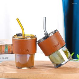 Wine Glasses 420ml Portable Glass Mug With Cup Sleeve And Lid Straw Coffee Juice Cute Mugs Milk Cups Tea Drinkware