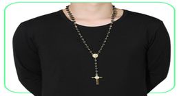 BlackGold Color Long Rosary Necklace For Men Women Stainless Steel Bead Chain Cross Pendant Women039s Men039s Gift Jewelry 6543491