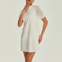 Casual Dresses Women Summer Solid Colour Mini Dress White Short Puff Sleeve Crewneck Ruffle Hem