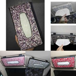 New Bling Crystal Box Sun Visor Diamond Leather Auto Tissue Paper Holder Case Sunvisor Hanging Napkin Car Accessories