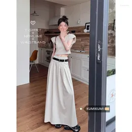 Work Dresses 2024 Summer Women Fashion 2 Two Piece Skirts Sets Female O-neck Crop Top And High Waist Long A-line Skirt Ladies Suits J04