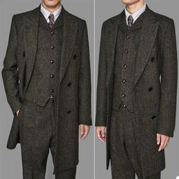 Thick Warm Tweed Wool Men Suits 3 Pcs Custome Homme Wedding Groom Terno Masculino Slim Fit Tuxedo Blazer Long Jacket+Pant+Vest