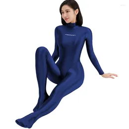 Women's Swimwear Sexy Women Gloss One Piece T-shaped Swimsuit Tight Shiny High Fork Long Sleeve Elasticity Smooth Yoga Zipper Fitness