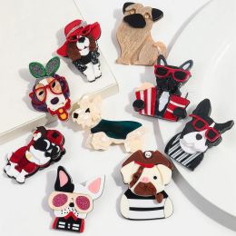 Cute Acrylic Wear Hat Glasses Dog Brooches for Women Resin Animals Bowknot Dogs Bulldog Brooch Pins Clothes Jewelry Accessories