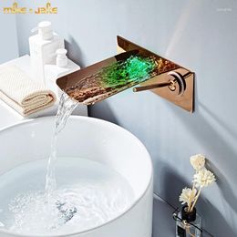 Bathroom Sink Faucets Rose Gold Led Wall Tap Luxury Red Waterfall Faucet Three Colour Light