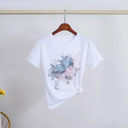 Women's T Shirts Summer Fashion Women Shirt European Style Embroidery 3D Flower Femal Vintage Beading Cotton Tees