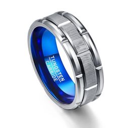 Fashion Men039s 8mm Groove Lines Blue Tungsten Carbide Ring Stainless Steel Men Wedding Bands Ring Size 6136777552