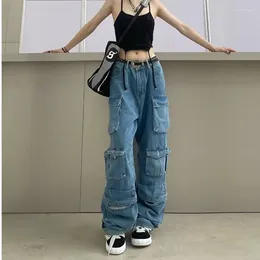 Women's Jeans Hip Hop Women Baggy Trousers High Rise Multi Pockets Faded Washed Denim Boyfriend Style Wide Leg Cargo