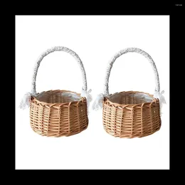 Decorative Flowers 2PCS Woven Storage Basket With Handle Wedding Flower Girl Baskets Wicker Rattan For Home Garden Decor