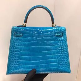 28cm real shinny crocodile shoulder bag brand purse luxury handbag fully handmade quality wax line stitching blue green yellow black burgundy Colours