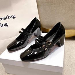 Dress Shoes 2024 Spring Summer Women Double Buckle Mary Janes Patent Leather Square Head Heel Solid Color Women's